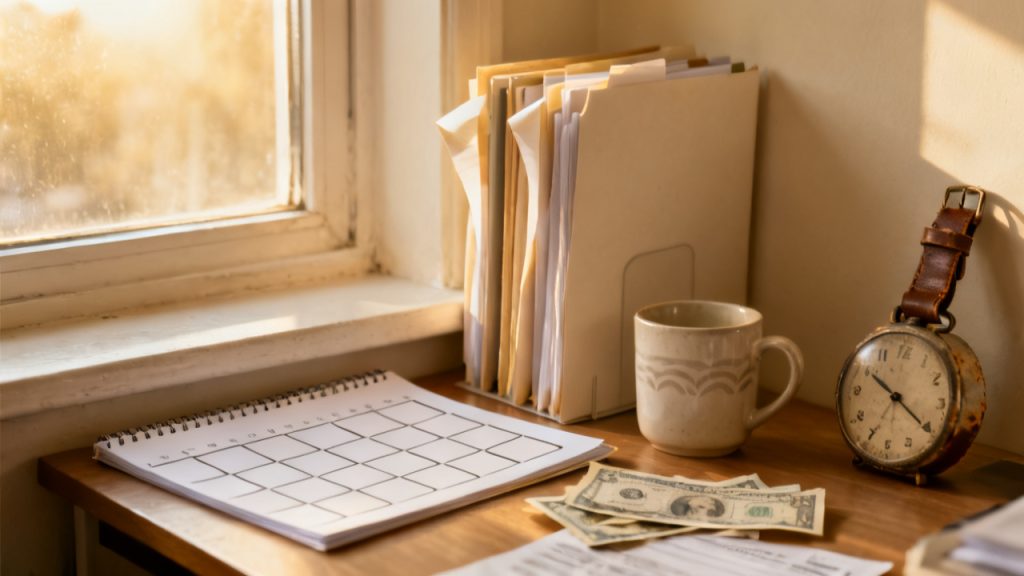 EE Bond Tax Reporting scene at a apartment desk